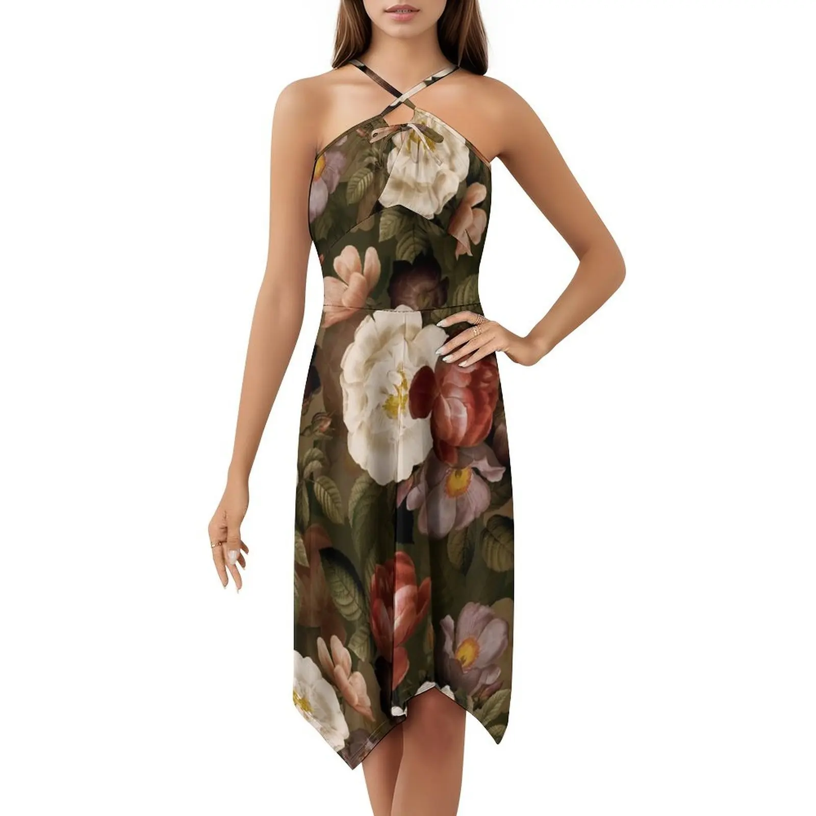 فستان قصير أخضر عتيق طبيعي للخريف نباتي للحديقة الليلية على طراز Preppy للنساء على شكل حرف a فضفاض مناسب فستان يوم غير رسمي داكن #5