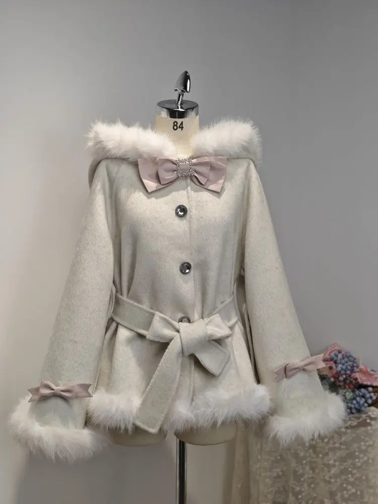 

Winter Japanese Sweet Thickened Women's Trench Coat Korean Fashion Bow Fur Collar Warm Windbreaker Casual Outwears Woman Clothes