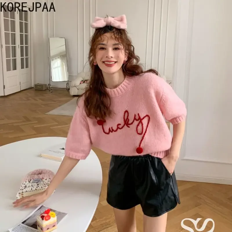 Korejpaa Pullover Sweater 2024 Early Spring Pink Women Clothes Sweet Letter Print Round Neck Pull Femme Outwear Casual Tops