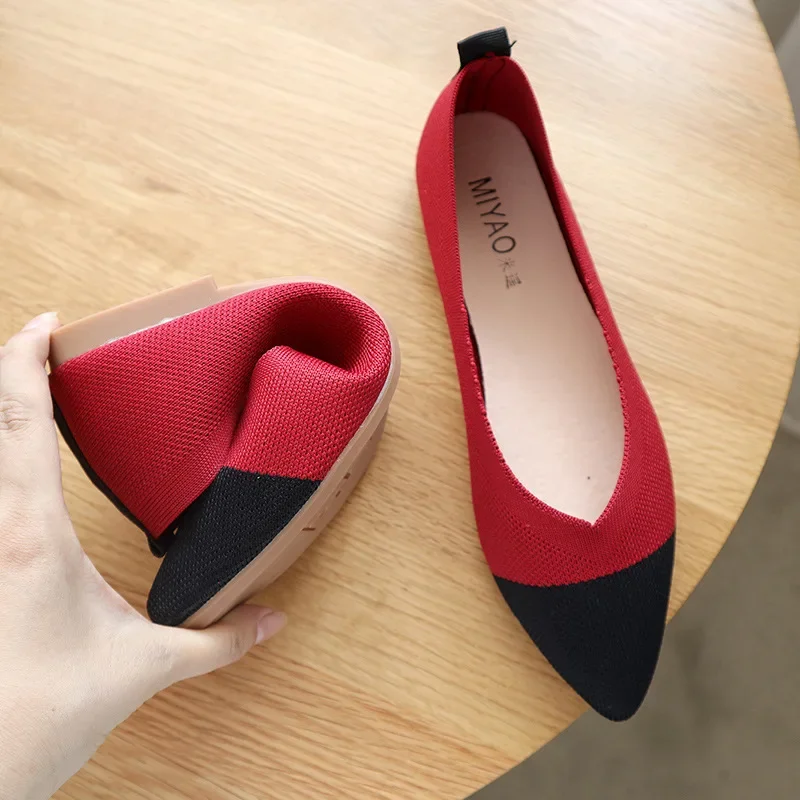 Casual Knitted Flat Shoes Women Pointed Toe Soft Sole Single 2024 New Simple Splicing Shallow Mouth Comfort House Shoes