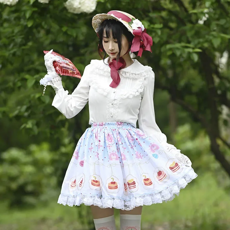 Spitze Süße Lolita Röcke, Blau und Rosa, Bester Kuchen Gwand Print