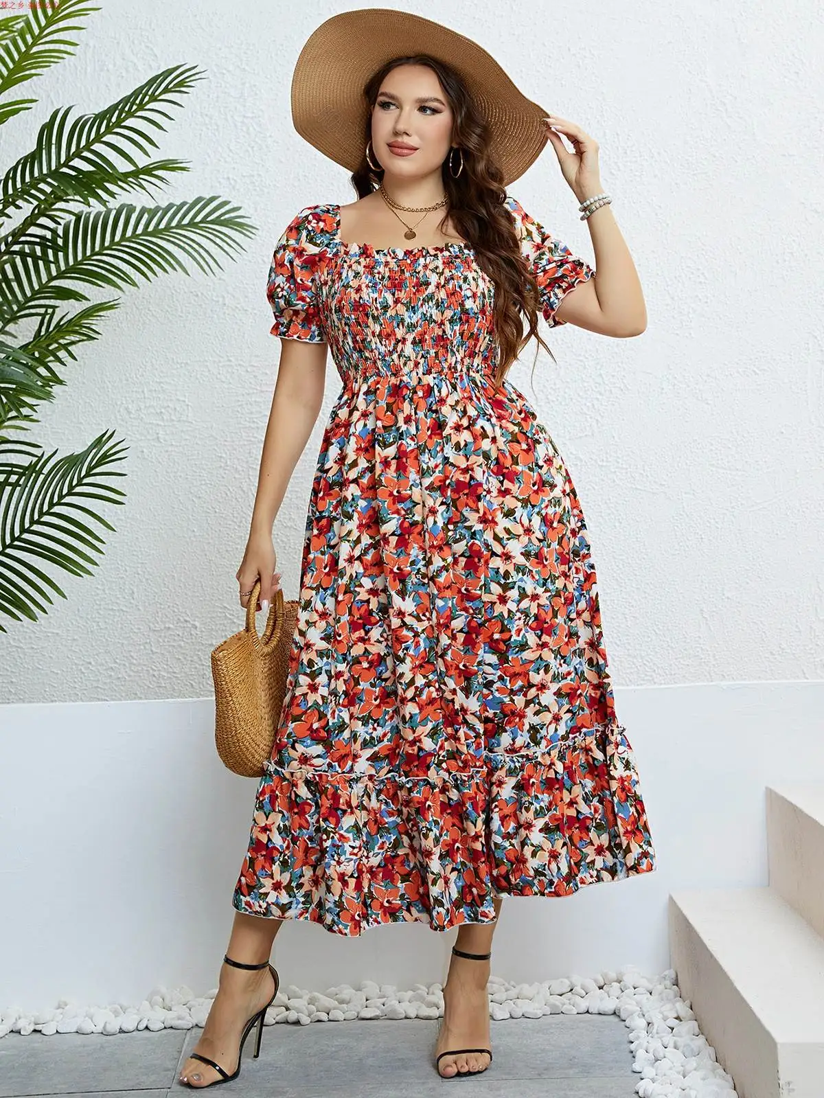 plus Size Summer Floral Print One oulder Slimming Dr A-Line Skirt ort Sve High Waist Commute Sle Women's Dr