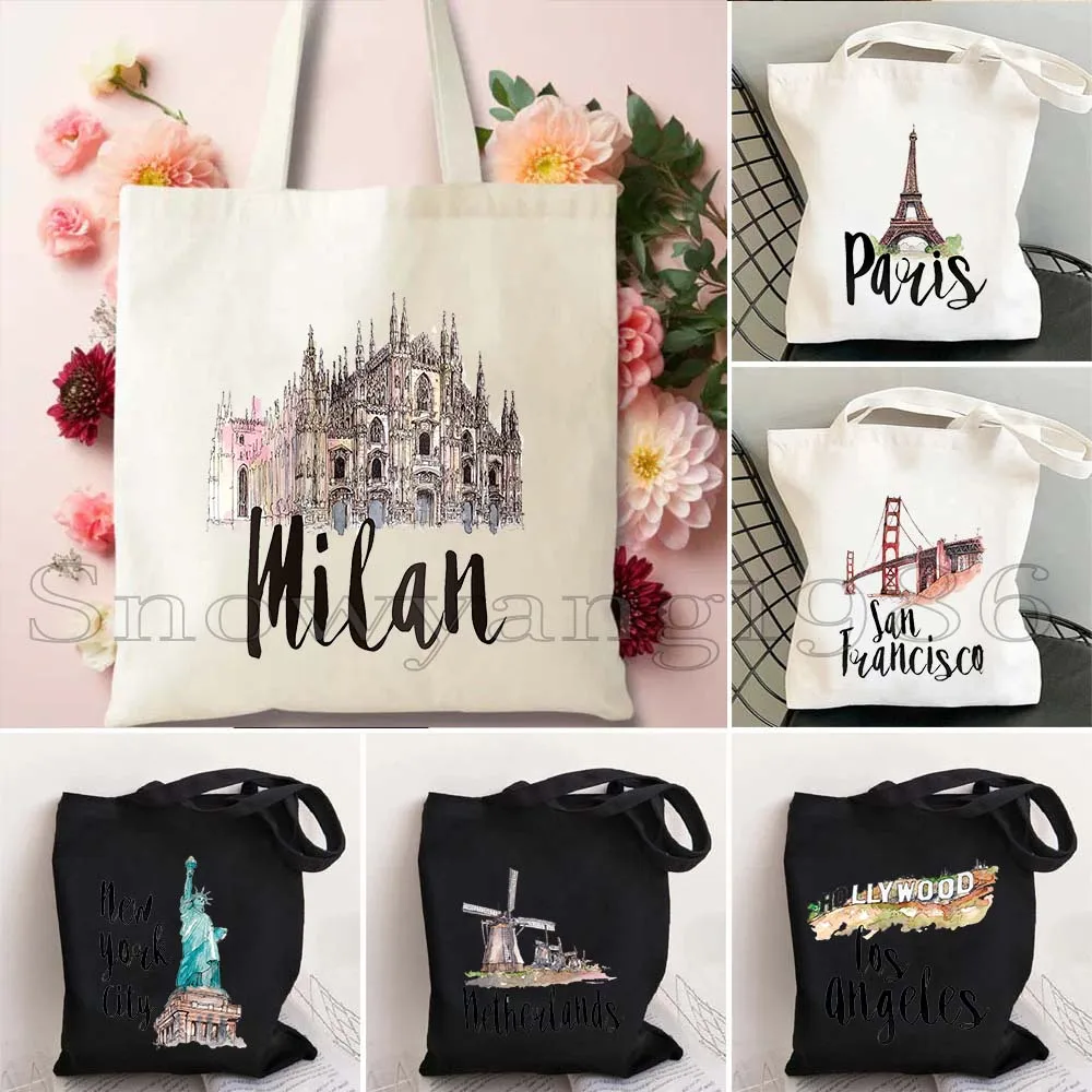 

Seattle Miami Chicago Paris Milan New York Moscow Los Angeles Taj Mahal San Francisco Netherlands City Canvas Totes Bag Handbags
