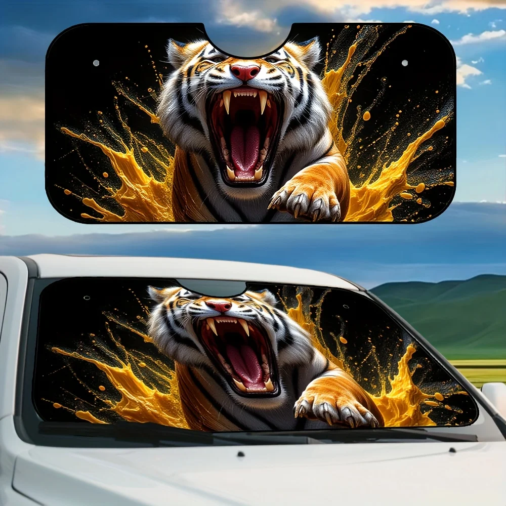 1pc Foldable Car Sunshade With Golden Tiger Splash Art Design – Fit For All Vehicles, Durable Polyester Fabric For Travel, Sun P