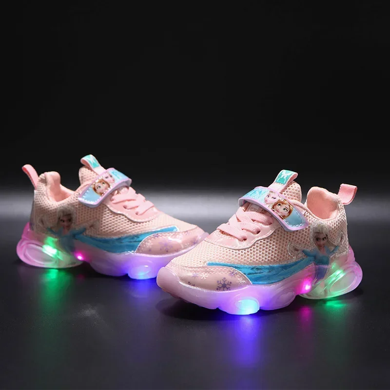 Disney LED Casual Sneakers For Summer Girls Frozen Elsa Princess Print Mesh Breathable Shoes Children Lighted Non-slip Shoes