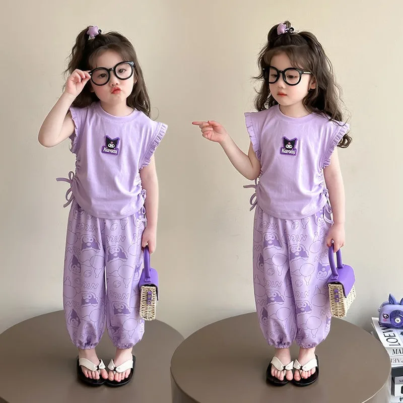 

Girly Heart Kawaii Kuromi Anime Causal Sleeveless Shirt Pants Set 2025 Cute Cartoon Mosquito-proof Pants Baby Clothes Gifts