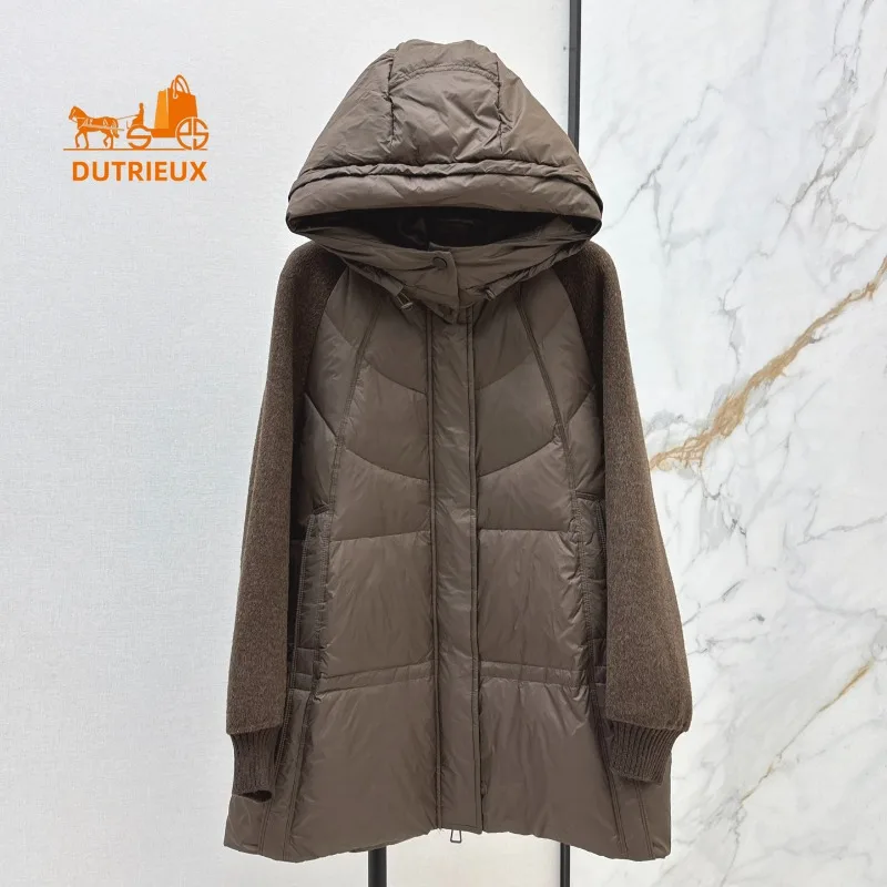 2024 Winter New Coat for Women, Simple and Elegant Splicing Cashmere Hooded Mid-length Down Jacket Top, Loose Version for Warmth