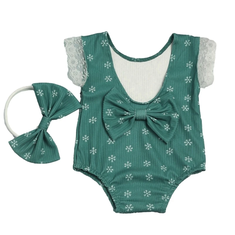 

Christmas Baby Photo Clothing Bowknot Headband & Print Romper Vintage Photo Suit Newborn Photo Costume Holiday top quality