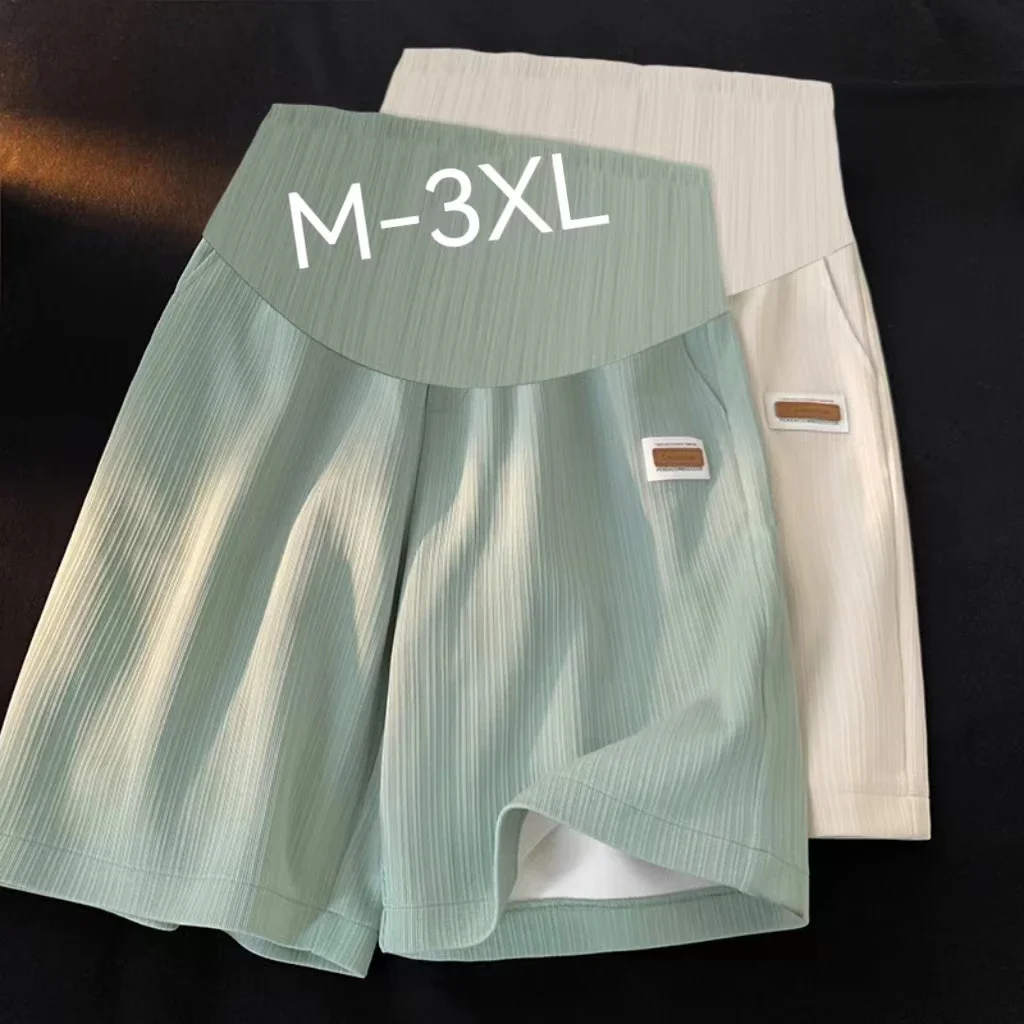 

2024 Summer Pregnant Woman Ice Silk Shorts Knee-length Plus Size Maternity Belly Pants Wide Legs Thailand Pregnancy Trousers