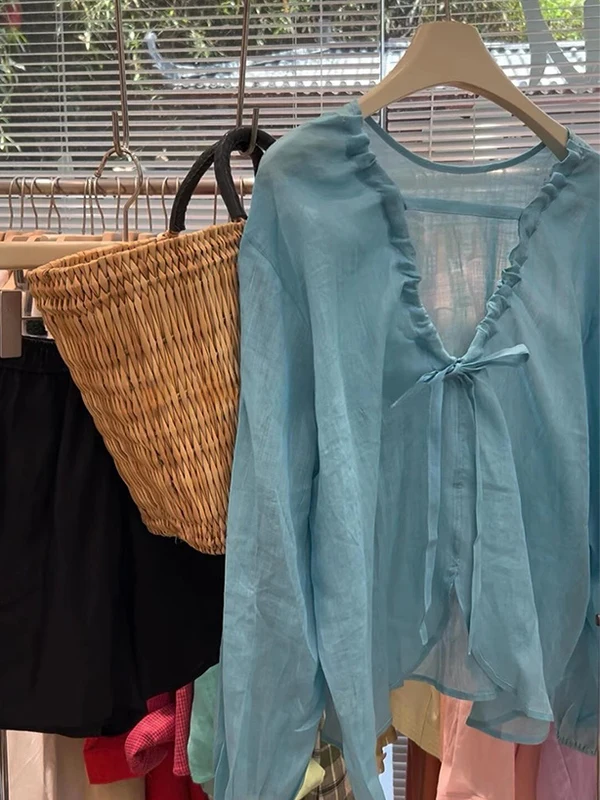 

Emily Clud Recommended Women's Summer Outerwear irt V-Ne Transparent Sun Protection Long Sve Belted Pure Color Commute