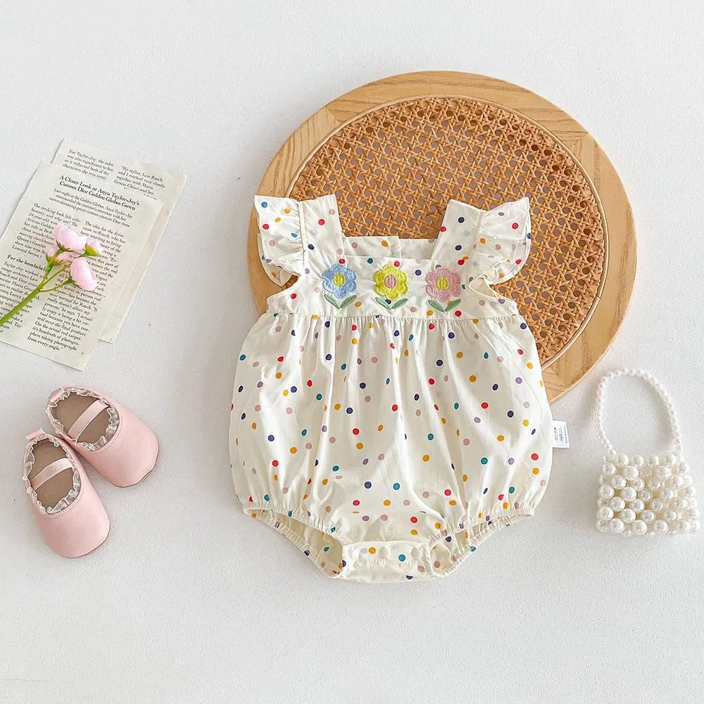 MILANCEL 0-2Y Summer Baby Girls Clothes Colorful Dot Baby Girls One Piece Flower Embroidery Bodysuit