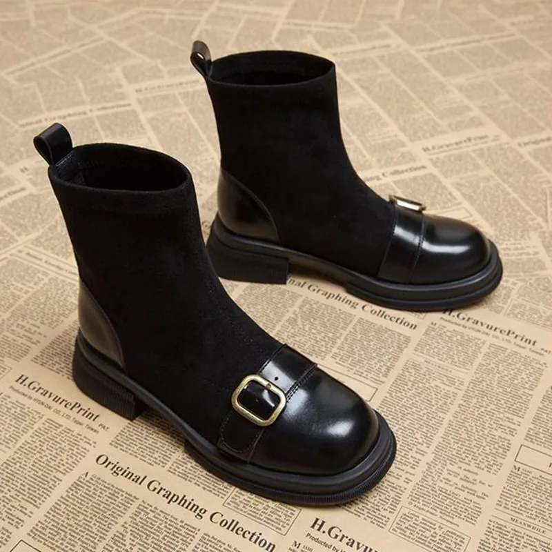 Women Sock Boots Square Toe Spring Autumn Women New Casual Chelsea Botines Medium Heel Knitted Brown Black Ankle Boots for Women