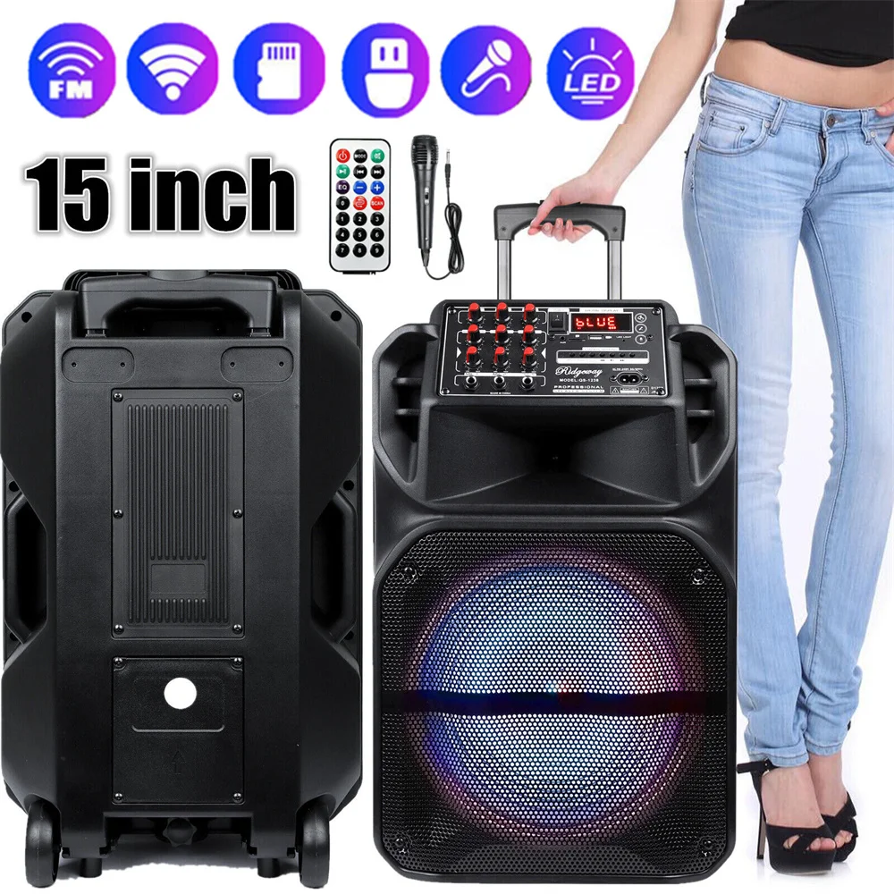 7000W Portable 15” Bluetooth Speaker Subwoofer Heavy Bass Sound System Party Mic AUX Led Light Loud Speaker