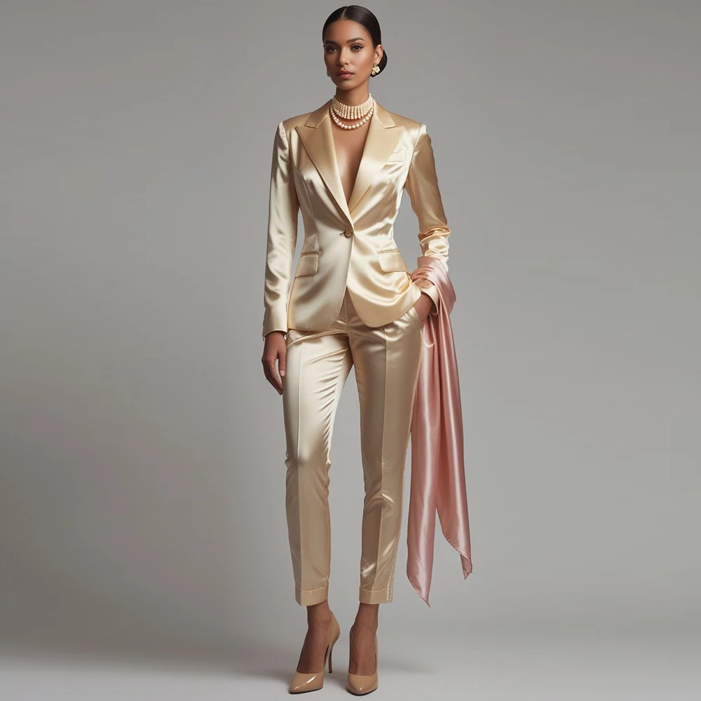 Elegant champagne Women two Pieces Suit Set One Button Peak Lapel (Jacket+Pant) Set Custom Suit Office Business Female Clothing