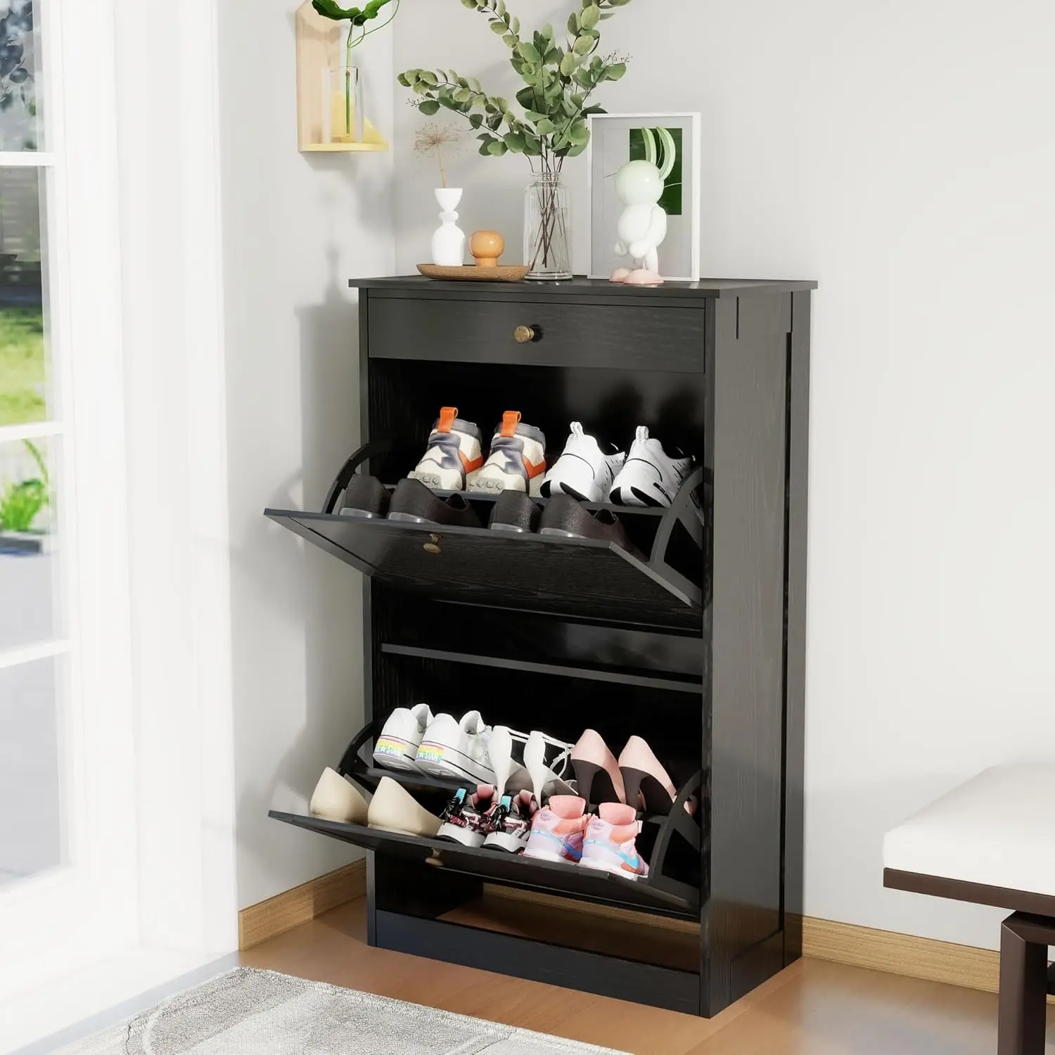

Shoe Cabinet with 2 Flip Drawers, Slim Freestanding Hidden Shoe Storage Organizer for Entryway Living Room, Black