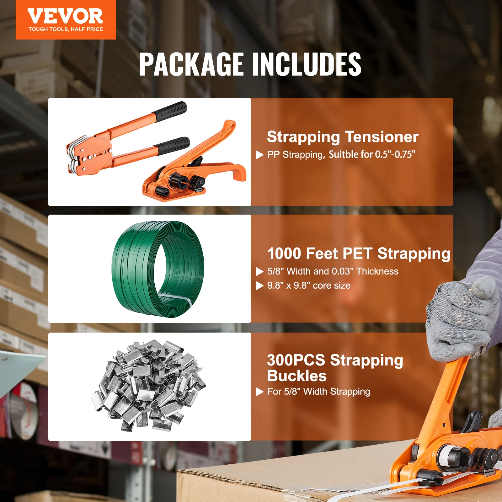 VEVOR Manual Plastic Strapping Banding Machine Packing Strap Baler with Tension Tool Packer 1000ft PET Band 300 Metal Seals Kit