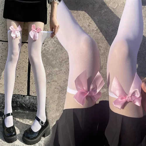 Imagen 2 del producto Medias altas hasta el muslo para chicas Lolita, calcetines hasta la rodilla bonitos con lazo Kawaii para mujer, calcetines largos de nailon con encaje de estilo japonés JK