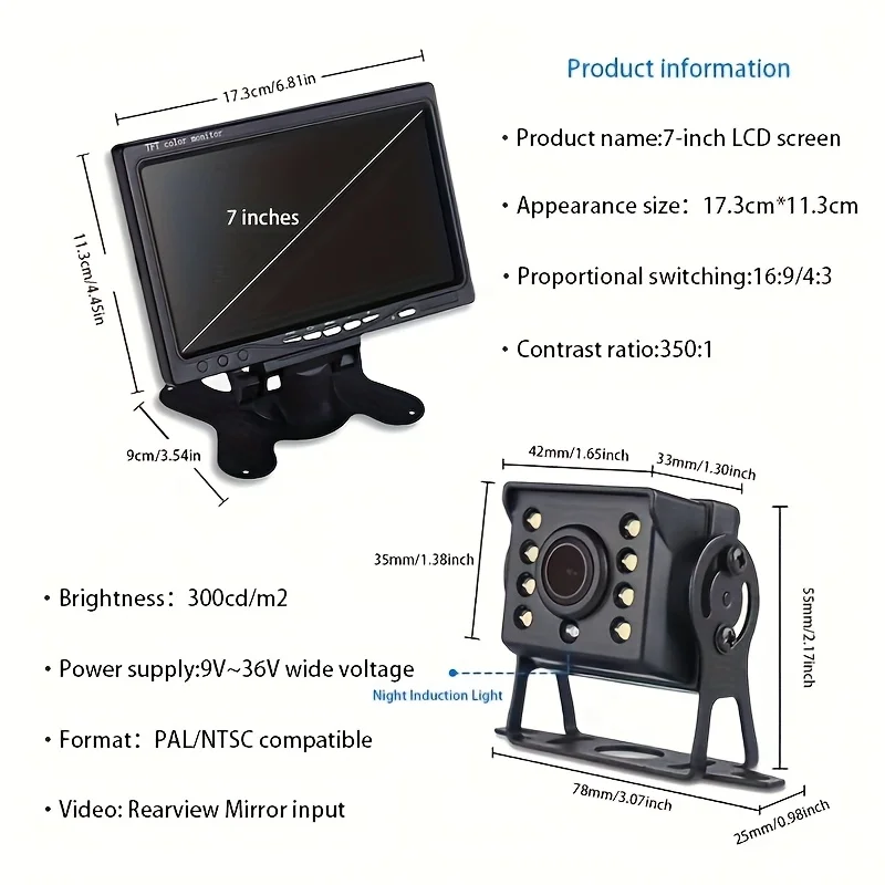 

7-Inch Durable Reversing Camera Display for Trucks, Minibusses, and Heavy Equipment - 480P HD Video Input, Wide-Angle Lens