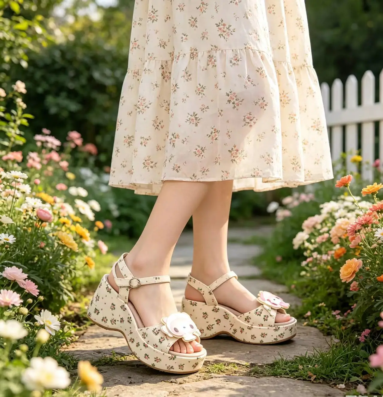 Floral Wedge Sandals with Cute Bear Charm, Adjustable Buckle & Non-Slip Sole