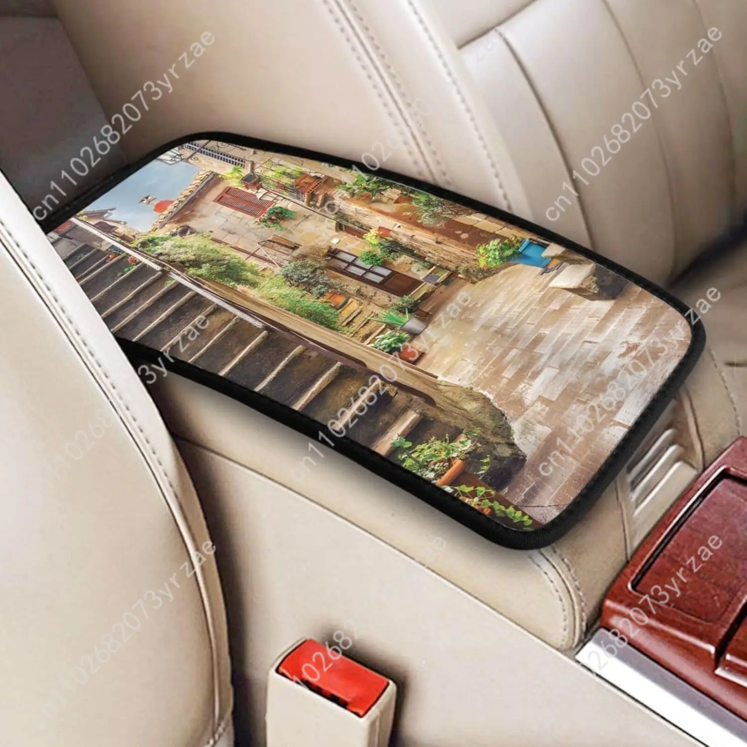 

Old Mediterranean Street Universal Car Armrest Cushion High Quality Car Armrest Cover Elastic Straps Car Interior Accessories