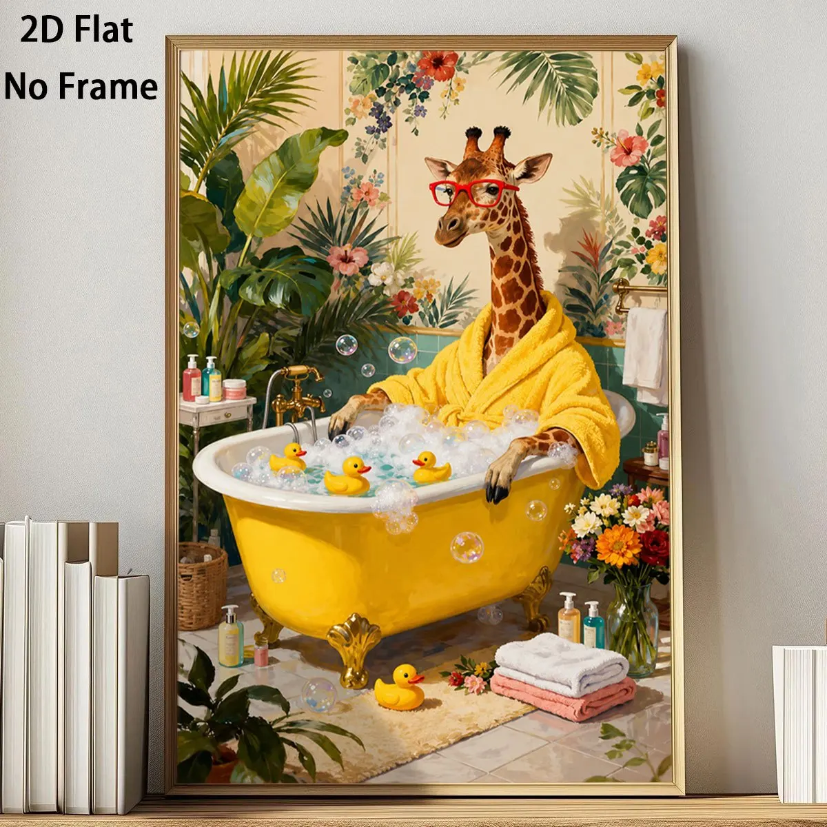 Abstract Fun Giraffe Taking Bath Canvas Poster Wall Art,2D Print Wall Decor,Home Decoration For Living Room Bedroom Bathroom