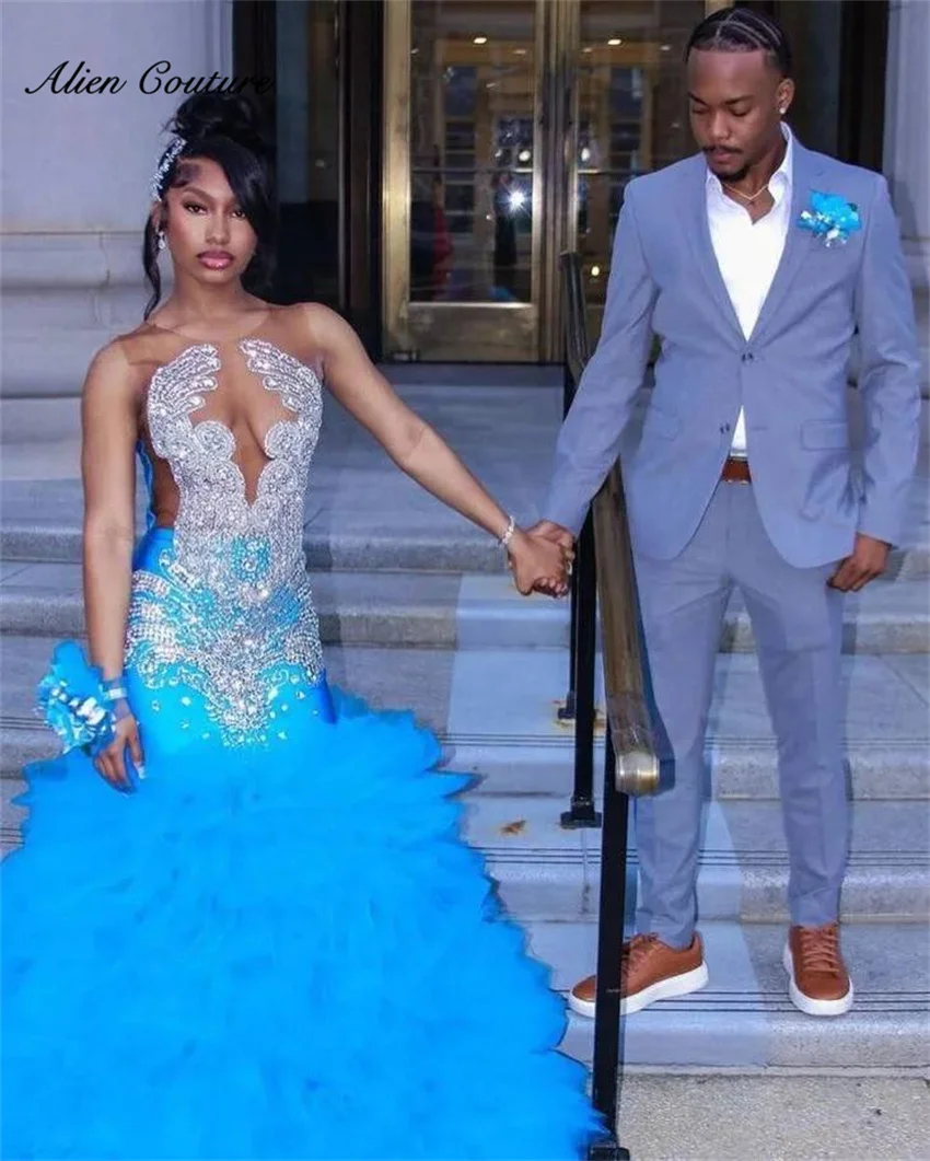 

Exquisite Blue Long Prom Dress 2025 Bead Diamonds Tiered Ruffle Birthday Party Gowns Wedding Event Customized