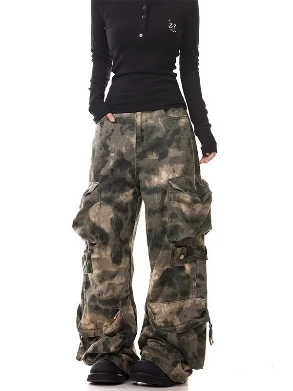 

Брюки для спецодежды в американском стиле ретро, мужские свободные прямые брюки с несколькими карманами, широкие брюки длиной до пола, камуфляжное окрашивание