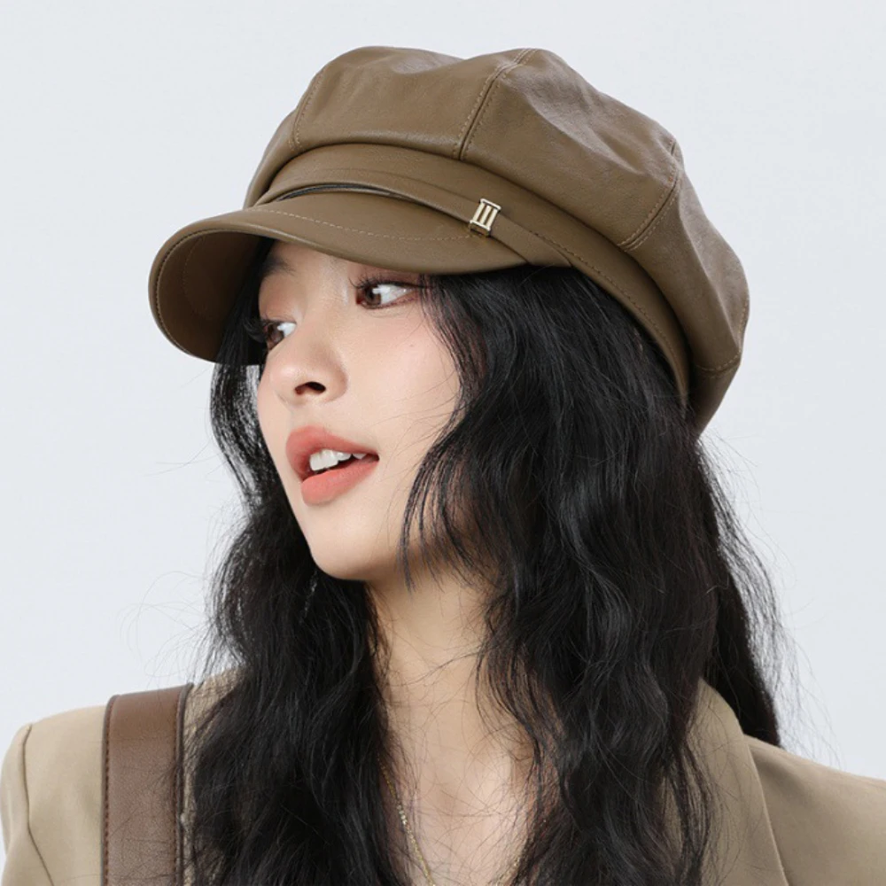 

HT4420 High Quality PU Leather Hat Autumn Winter Caps for Women Solid Plain Brand Octagonal Cap Ladies Artist Painter Beret Hat