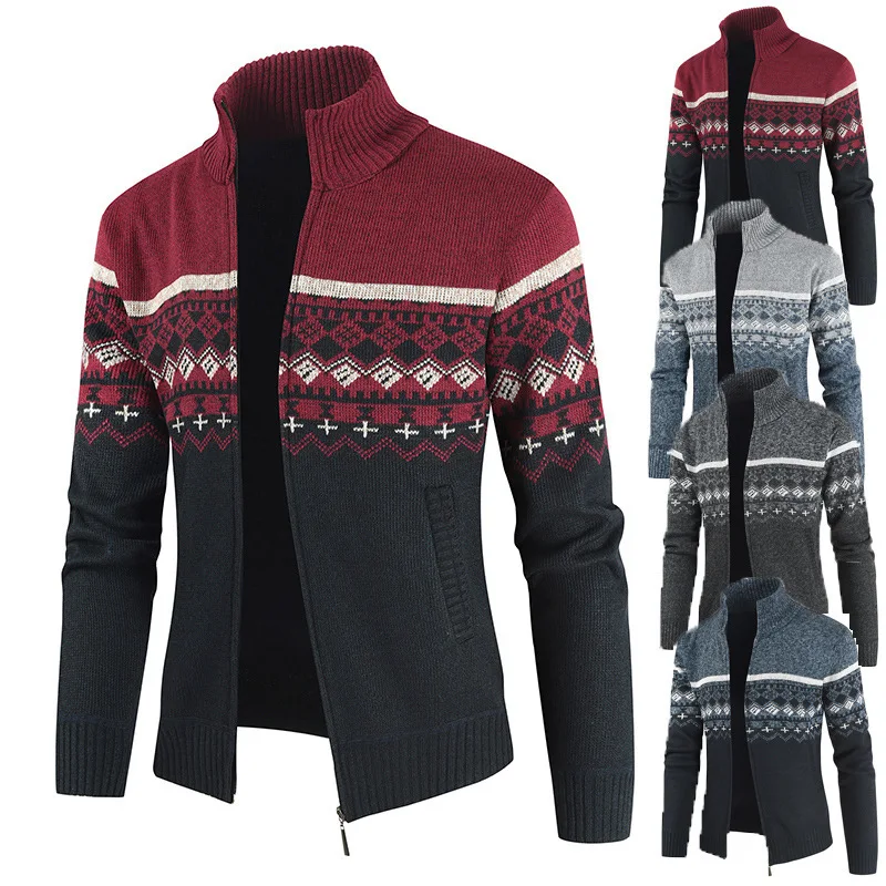 Men's Top Foreign Trade New Men's Zipper Cardigan Color Matching Casual Knitted Sweater Stand-up Neck Sweater