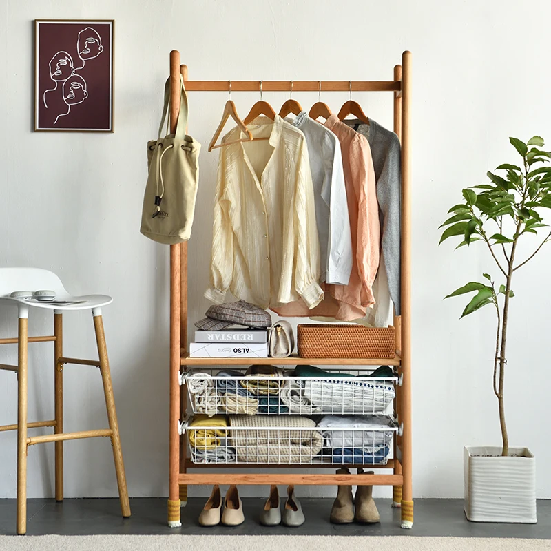 

Cherrywood Floor Clothes Rack Household Bedroom Black Walnut Wooden Hallstand Multi-Functional Small Hanger Storage