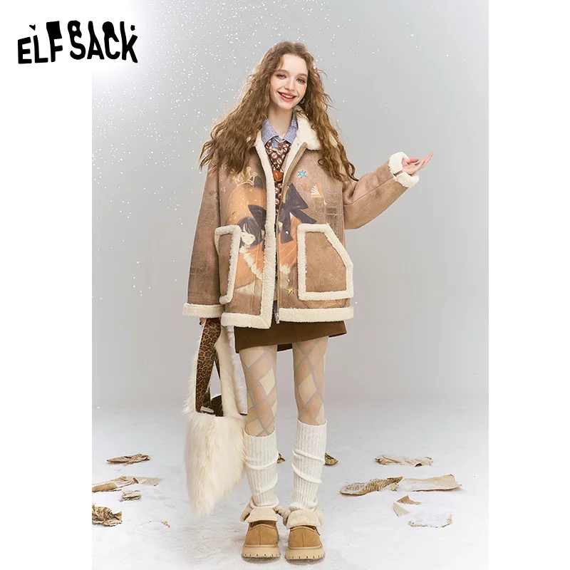 ELFSACK 2024 겨울 신착 오리지널 풀 프린트 모조 스웨이드 복합 모조 플러시 루즈 두꺼운 코트 여성용