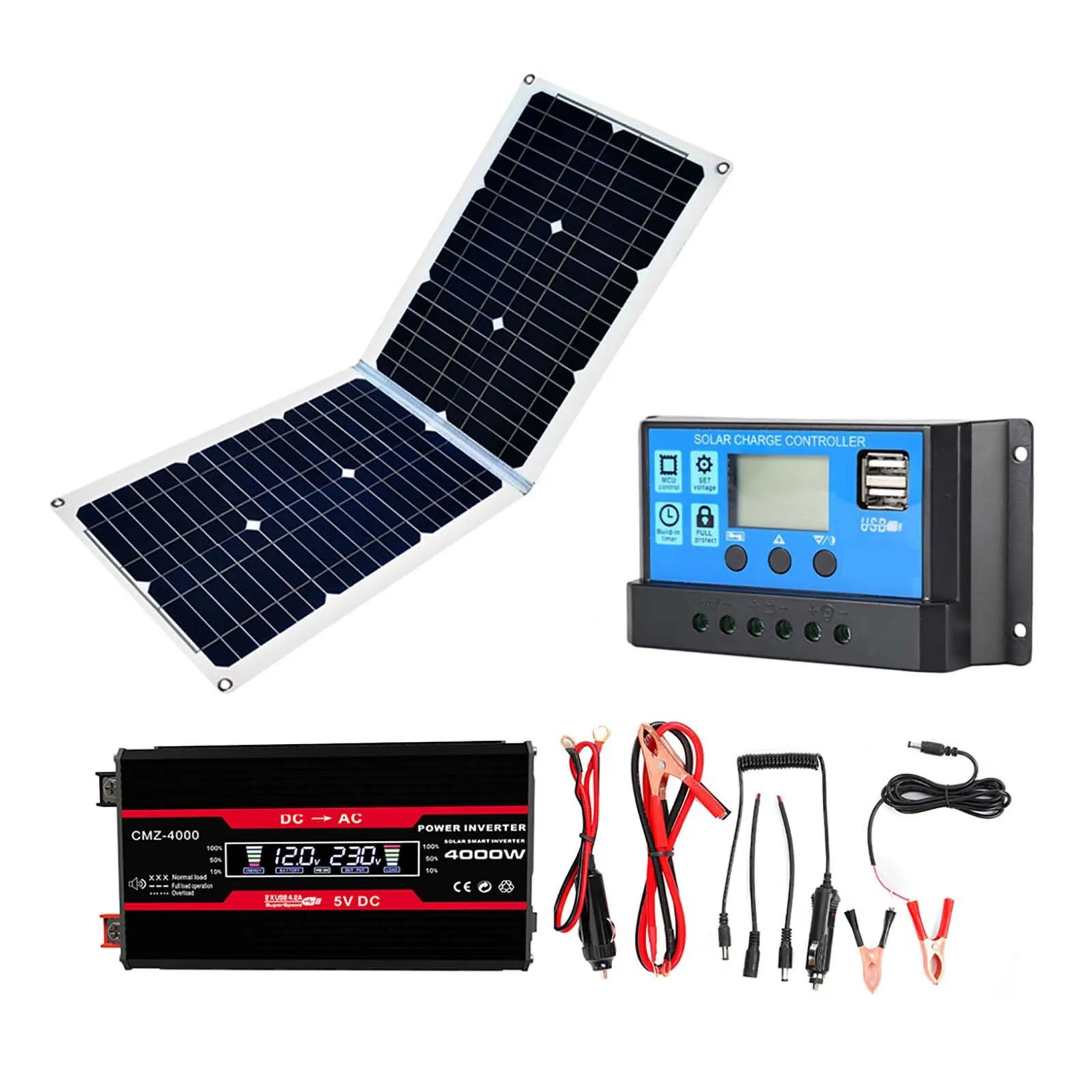 4000W Power Inverter Solar Power Generation System LCD Display 36W 18V Solar Panel Dual USB 30A Solar Controller Set 12V to 220V