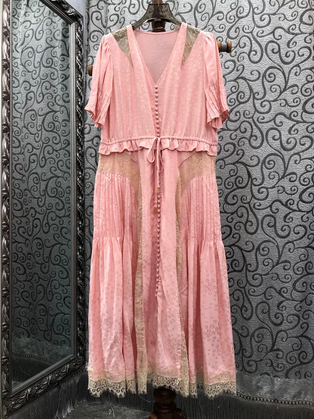 

Newest Fashion Summer Dress 2026 High Quality Lady Sexy V-Neck Lace Patchwork Short Sleeve Drawstring Waist Black Pink Dress