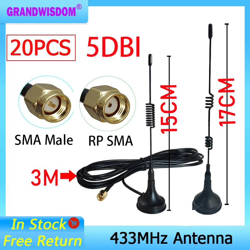 

GWS 20pcs 5dbi 433Mhz Antenna IOT GSM SMA Male female Connector with Magnetic base for Radio Signal Booster Wireless Repeater