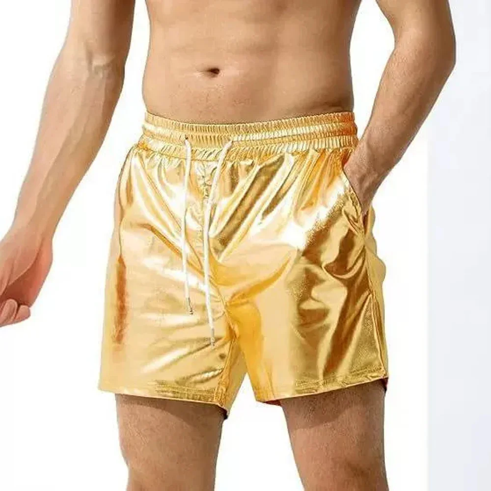 Men Metalic Shiny Gold Silver Jazz Dance Botty Shorts Drawstring Elastic Waist Pocket Hot Pant Disco Party Clubwear XNMY-DL24205