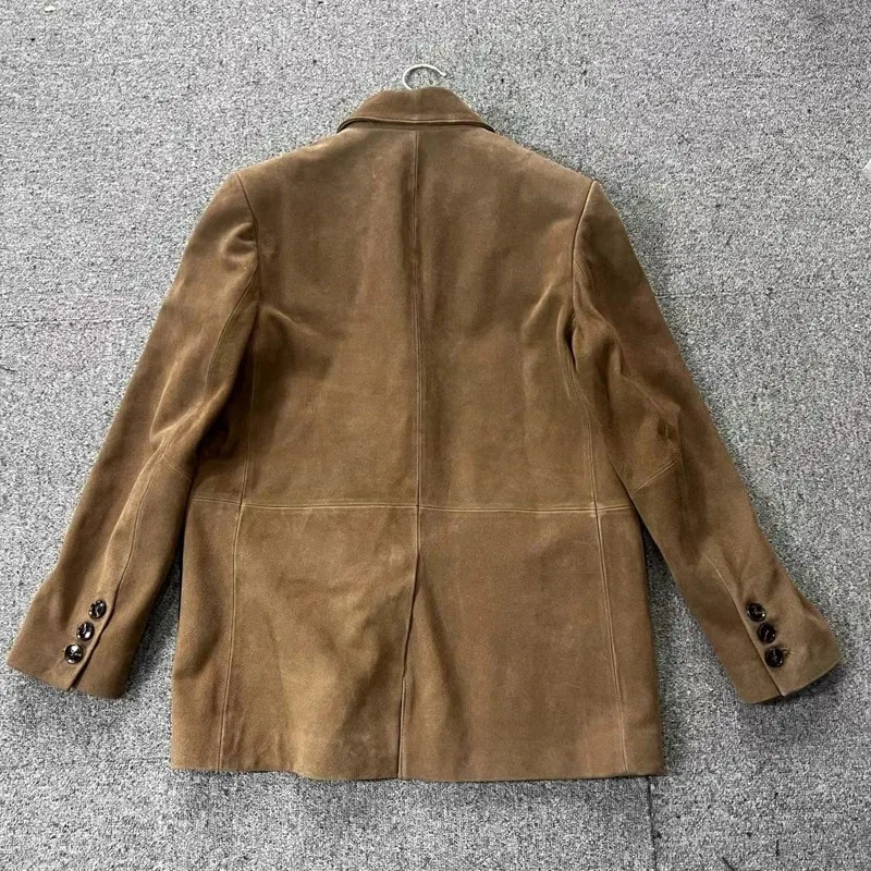 Retro Kid Suede Leather Suit Coat Women 2024 Autumn Winter Genuine Cow Suede Jacket Vintage Coffee Oversized Jacket Outwear