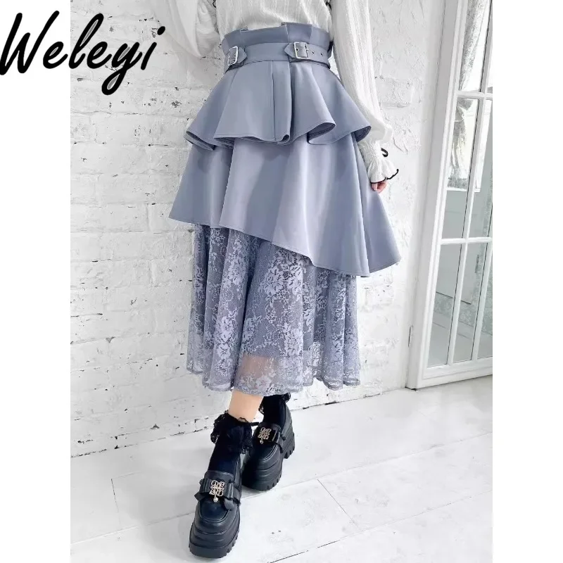 Lolita Lace Irregular Belted Midi Skirt for Women Elegant Y2K Sweet Versatile Side Waist Buckle Black Long Double Cake Skirts