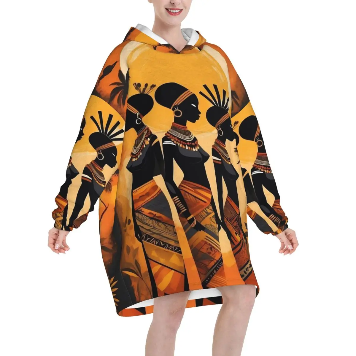 ART African Ethnic-Style Oversized Blanket Hoodie Sweatshirt Long Fleece Hooded Wearable Blanket with Large Pocket for Women Men