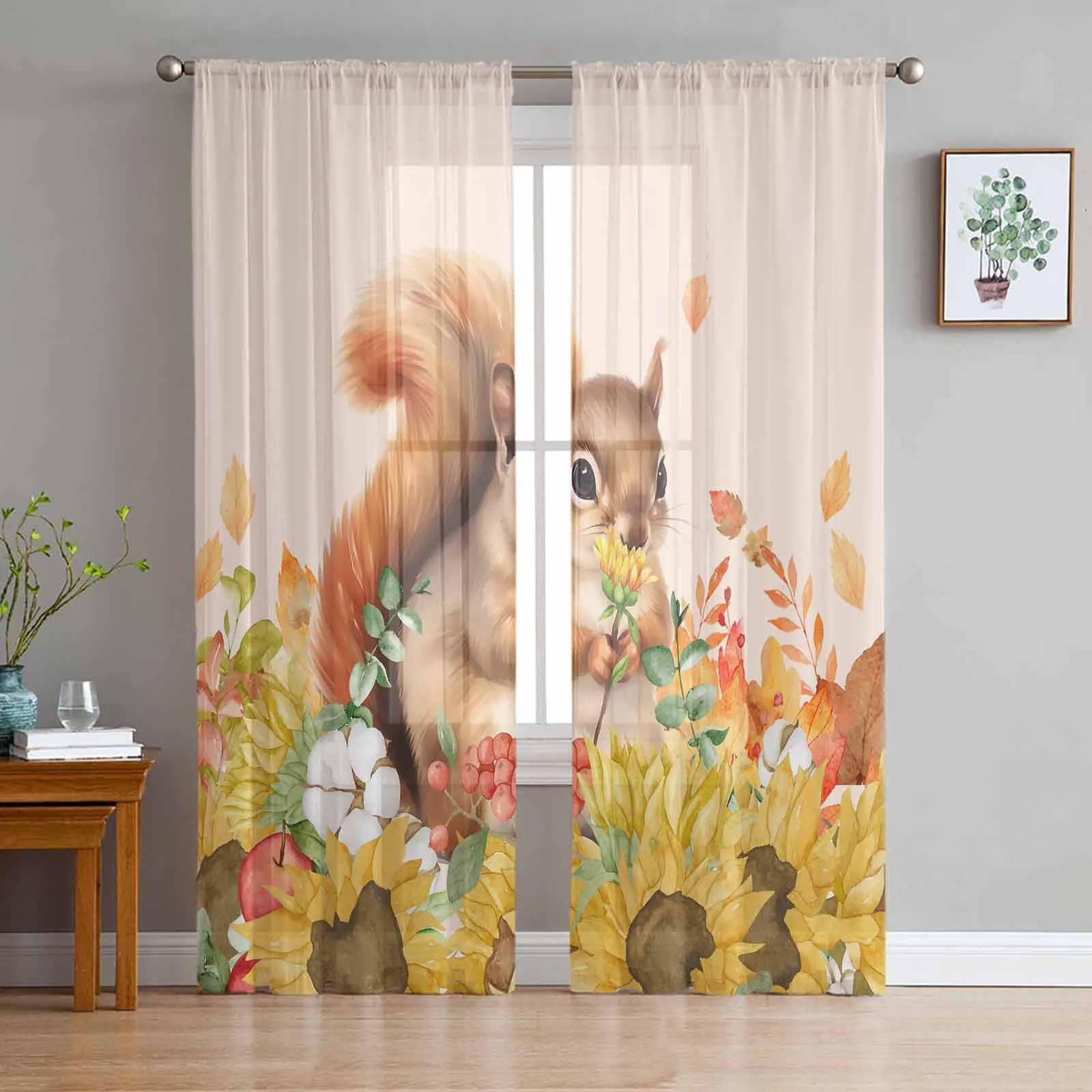 Autumn Watercolor Squirrel Sunflower Tulle Curtains for Living Room Bedroom Sheer Voile Curtain Home Decor Kitchen Curtain