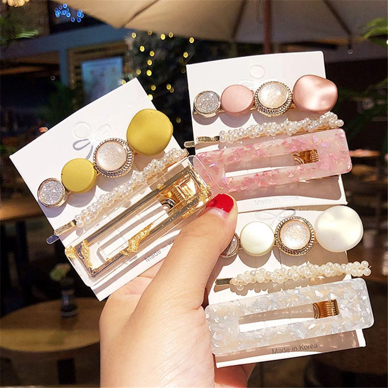 New 3PCS/Set Fashion Pearls Acetate Geometric Hair Clips For Women Girls Headband Sweet Hairpins Barrettes Hair Accessories Gift