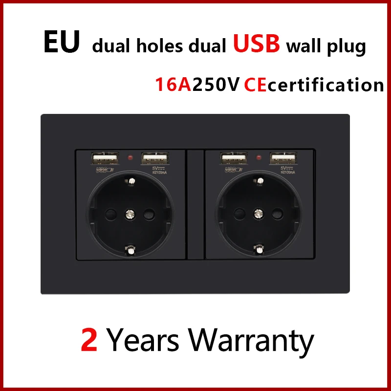 

EU 16A Russia Poland Korea Spain Ukraine euro socket double round hole white-black type 146 wall plug double USB two plug