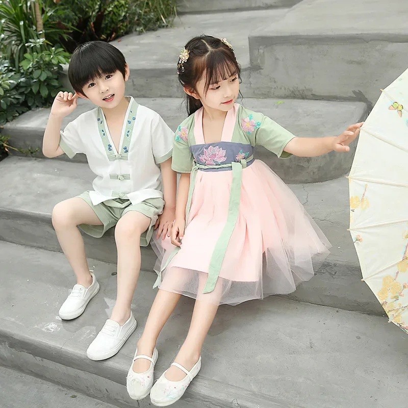 

Boy And Girl Summer Chinese Traditional Vintage Button Hanfu Kid Oriental Retro Two Piece Suit Performance Role Play Dresses