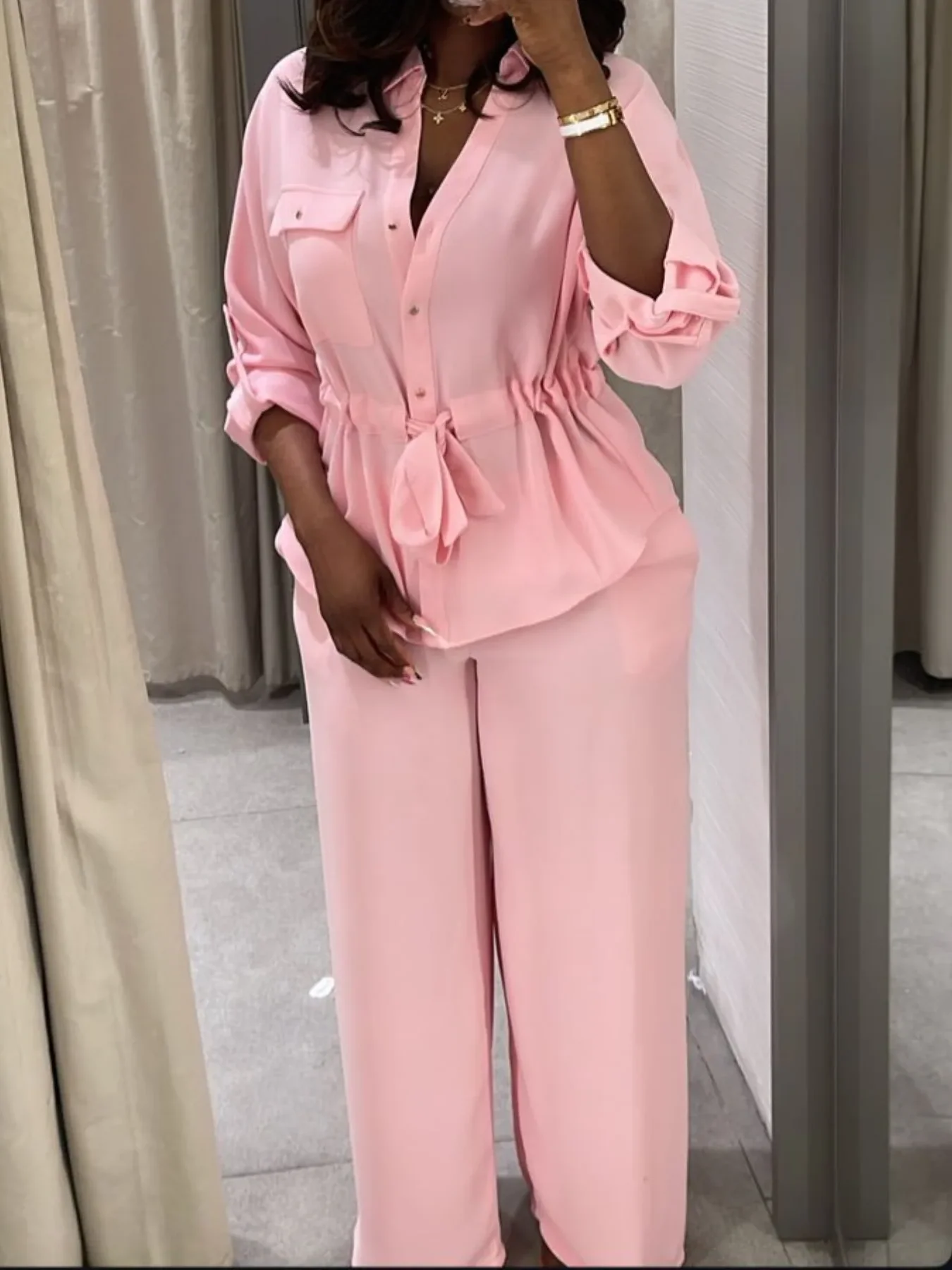 

Women's high waist wide leg pants suit casual long sleeve lace button shirt suit summer daily commuting street wear new style