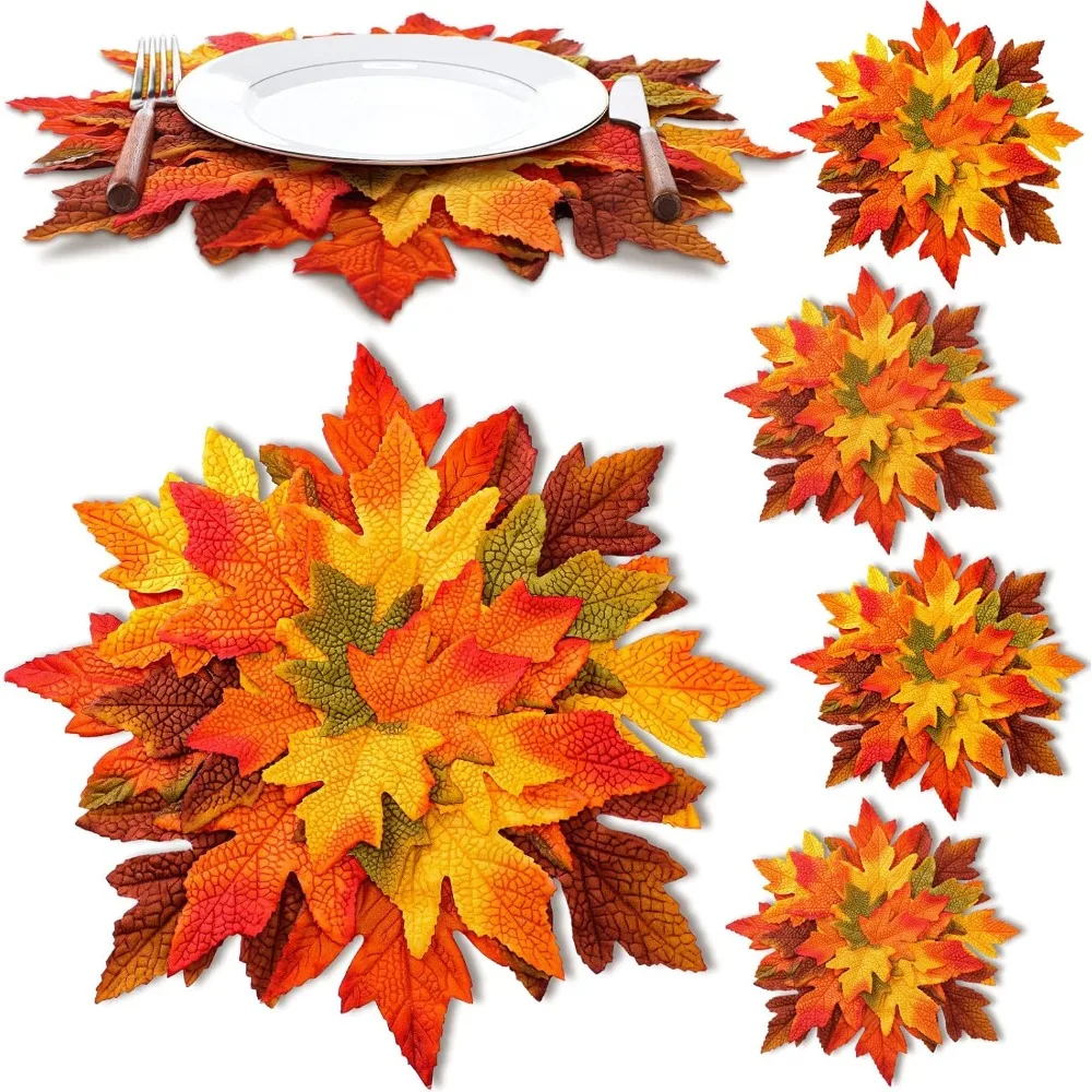 

Set of 6 Thanksgiving Maple Leaf Placemats, 15 Diameter, 3D Multi-layered Fall Decorations, Washable Autumn Themed Tableware