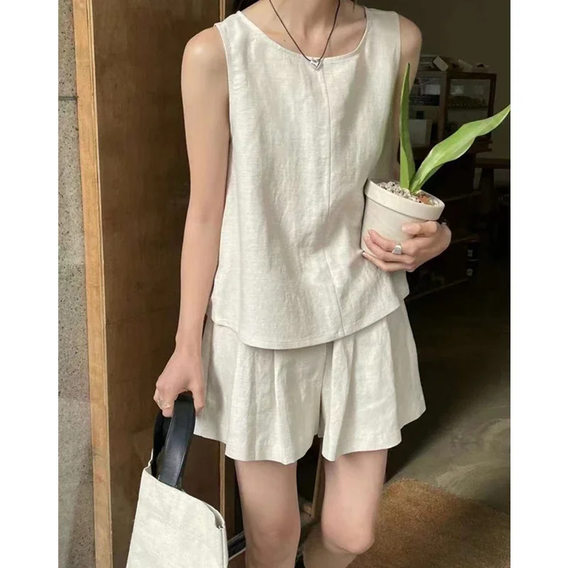 

2024 New Summer 2 Pieces Linen Women's Short Pants Suits O-Neck Backless Tank and Casual Shorts Sets Outfits