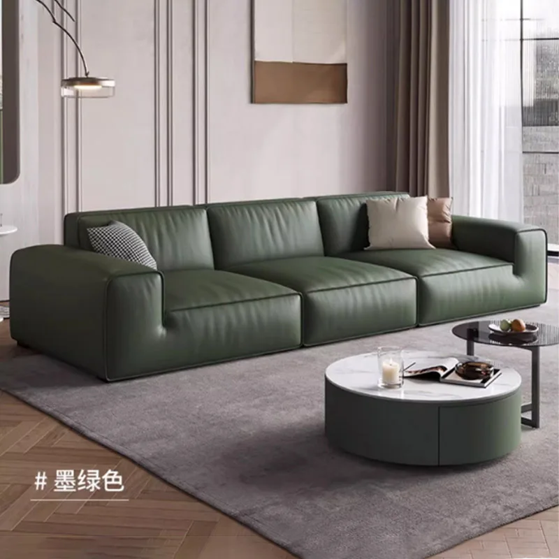 Modern simple tofu block big black cow first-layer leather sofa, living room  scratch-resistant and comfortable