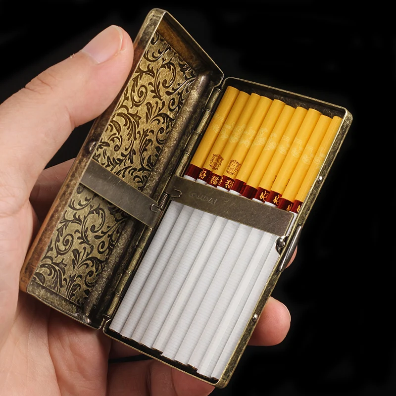 Retro Metal Cigarette Case Box -Double Sided Spring Clip Open Pocket Holder for 20 100mm Cigarettes, Credit Card Holder for Men