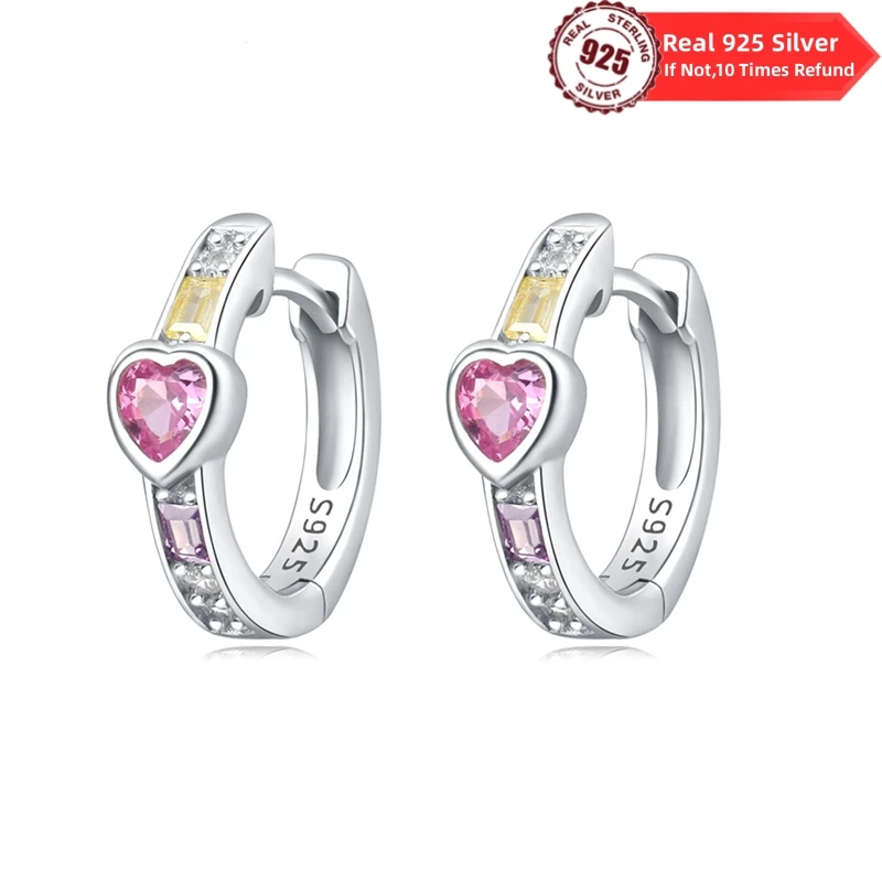 100% 925 Sterling Silver Colorful heart-shaped zircon Hoop Earrings for Women Birthday Party Wedding Engagemen Gift Jewelry