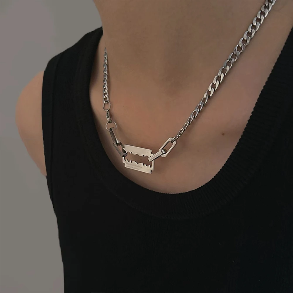 Punk Hip Hop Razor Blade Necklace Personality For Men Women Cosplay Chain Choker Jewelry Male Cool Accessories