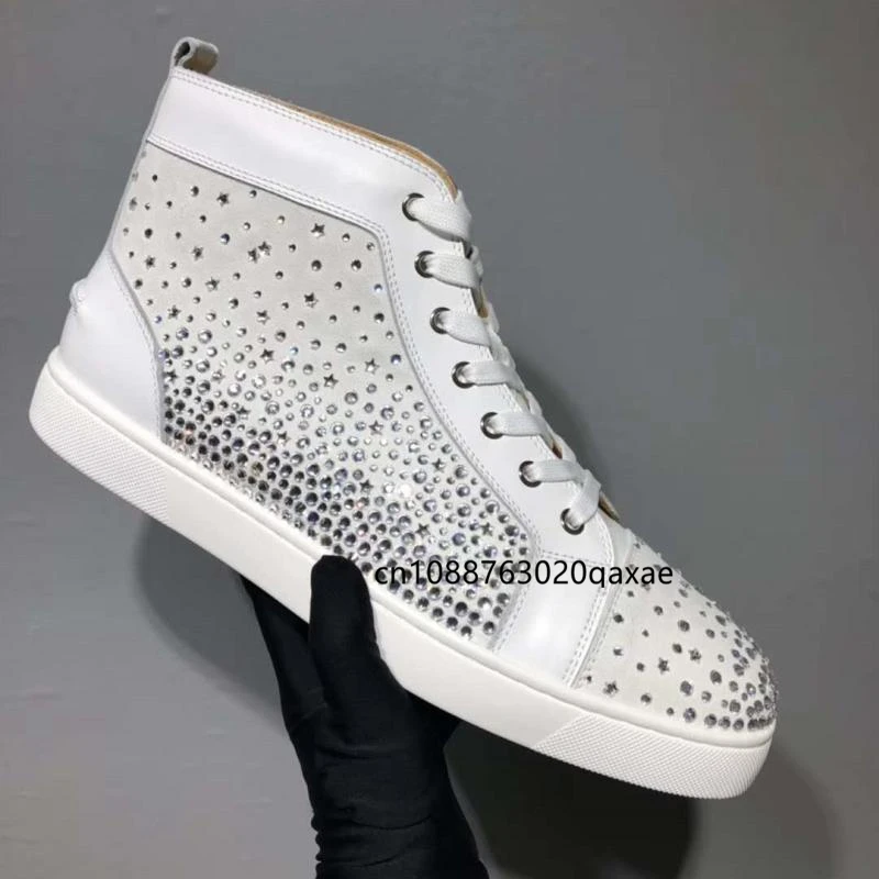 Real leather high top men's shoes, starry sky water diamond shoes, women's casual board shoes, couple's red soled shoes, trendy